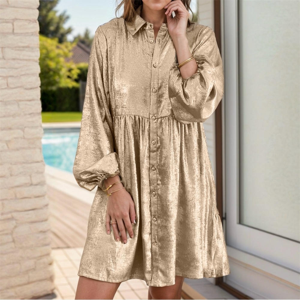 NWOT Metallic Sheen Long Sleeve Mini Dress
Color: Dust Storm